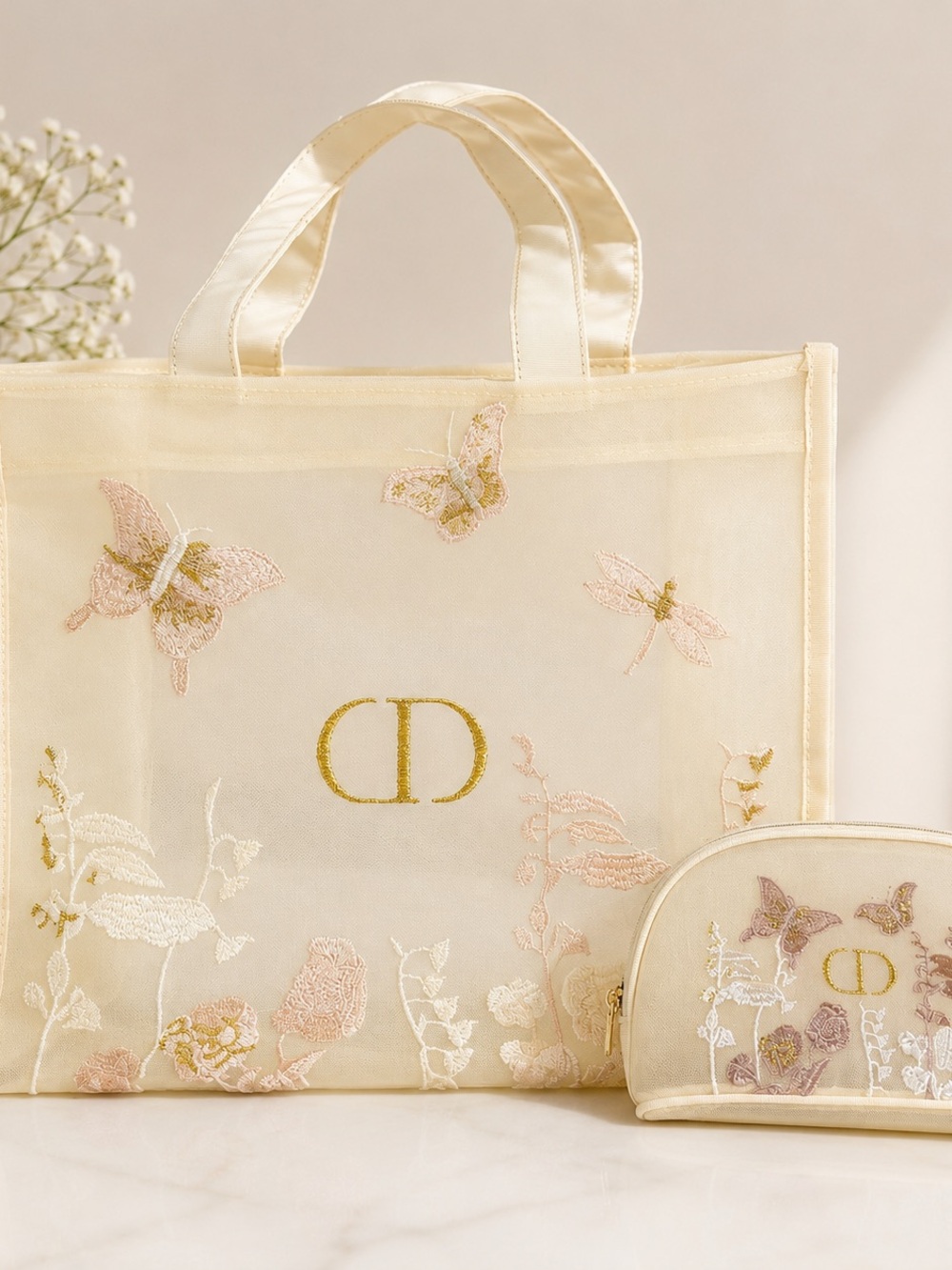Embroidered Cream Dior Tote and Pouch Set